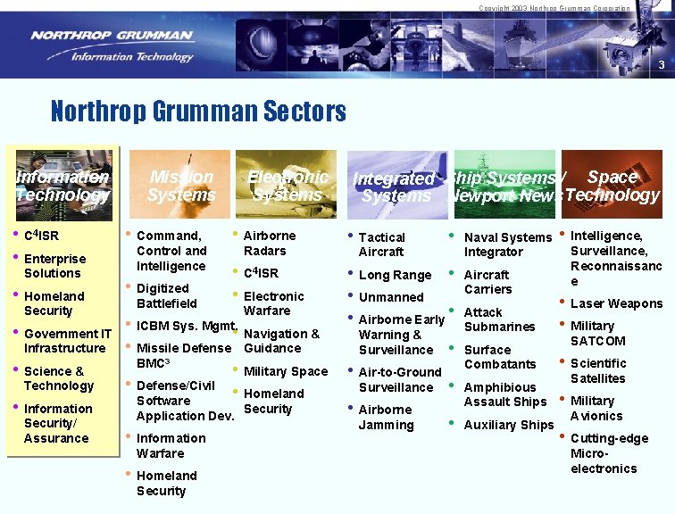 Copyright 2003 Northrop Grumman Corporation 3 Northrop Grumman Sectors Information Technology • C 4