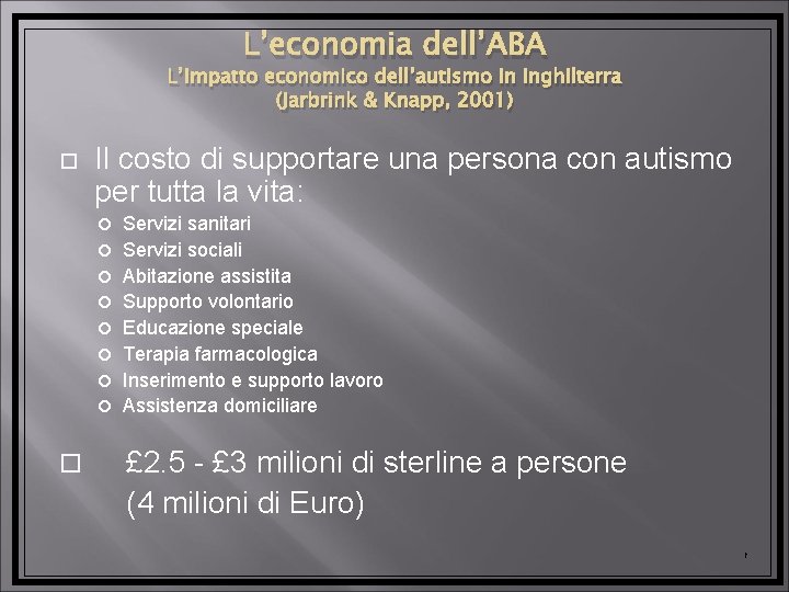 L’economia dell’ABA L’impatto economico dell’autismo in Inghilterra (Jarbrink & Knapp, 2001) Il costo di