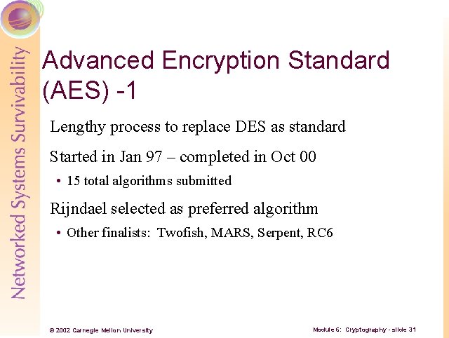 Advanced Encryption Standard (AES) -1 Lengthy process to replace DES as standard Started in