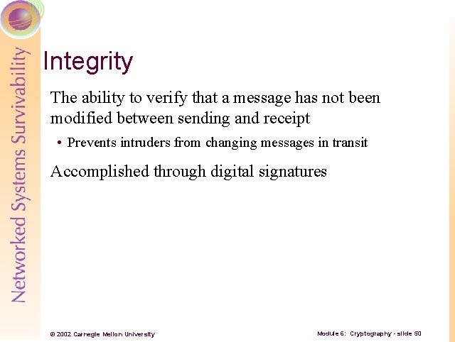 Integrity The ability to verify that a message has not been modified between sending