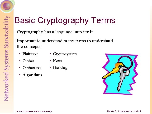 Basic Cryptography Terms Cryptography has a language unto itself Important to understand many terms