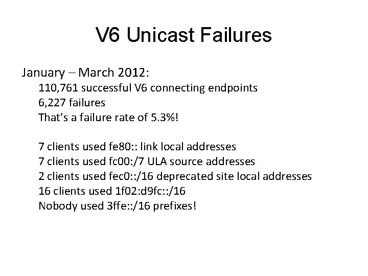 V 6 Unicast Failures January – March 2012: 110, 761 successful V 6 connecting