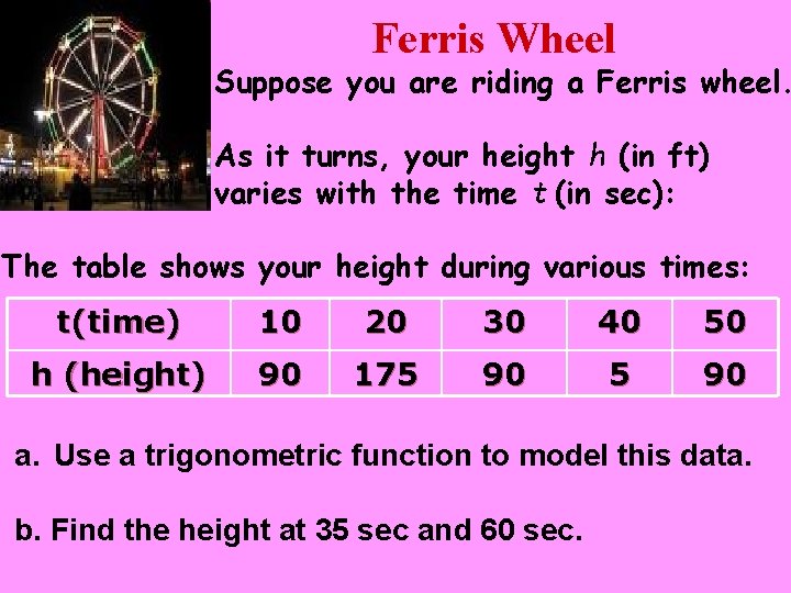 Ferris Wheel Suppose you are riding a Ferris wheel. As it turns, your height