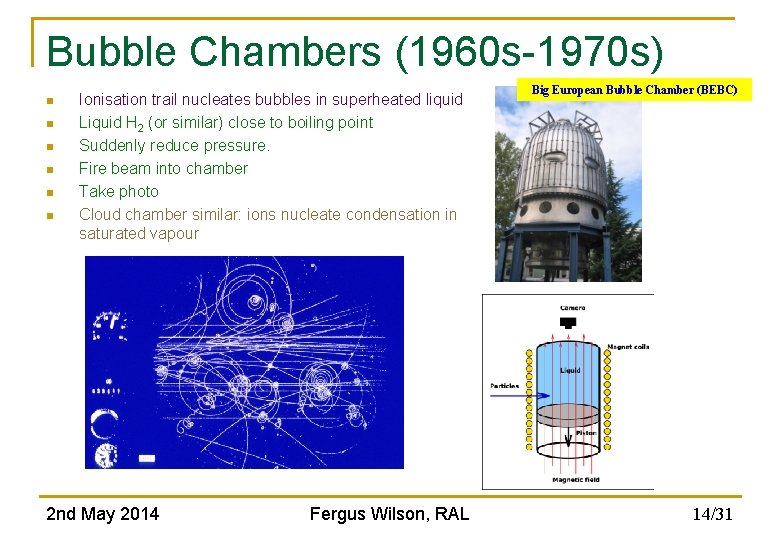Bubble Chambers (1960 s-1970 s) n n n Ionisation trail nucleates bubbles in superheated Bubble Chambers (1960 s-1970 s) n n n Ionisation trail nucleates bubbles in superheated