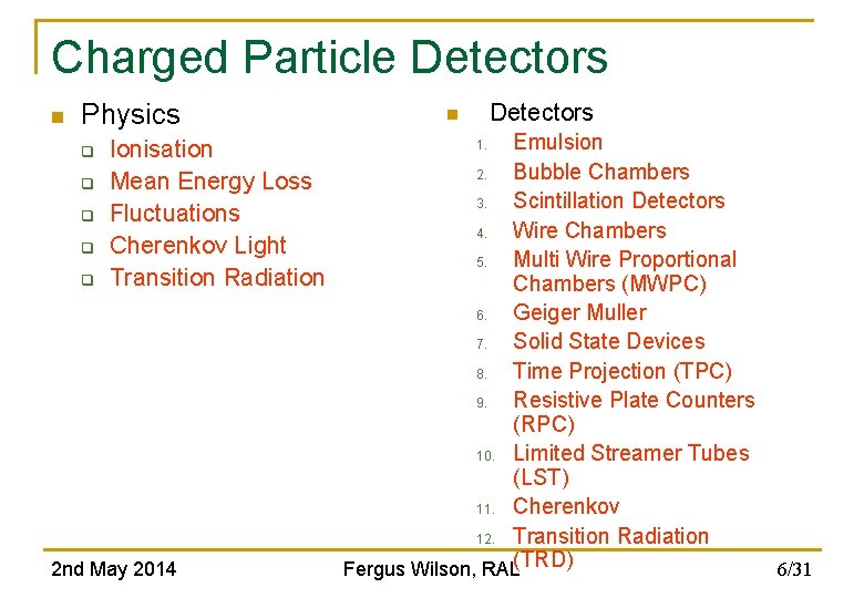 Charged Particle Detectors n Physics q q q Ionisation Mean Energy Loss Fluctuations Cherenkov Charged Particle Detectors n Physics q q q Ionisation Mean Energy Loss Fluctuations Cherenkov