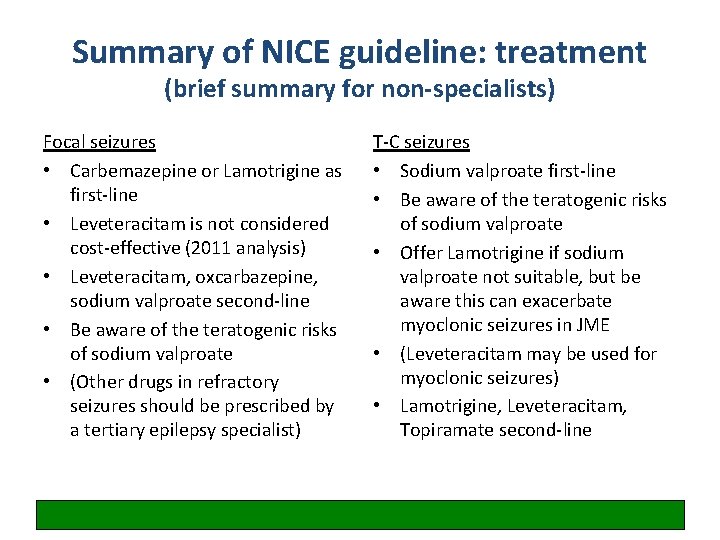 Summary of NICE guideline: treatment (brief summary for non-specialists) Focal seizures • Carbemazepine or
