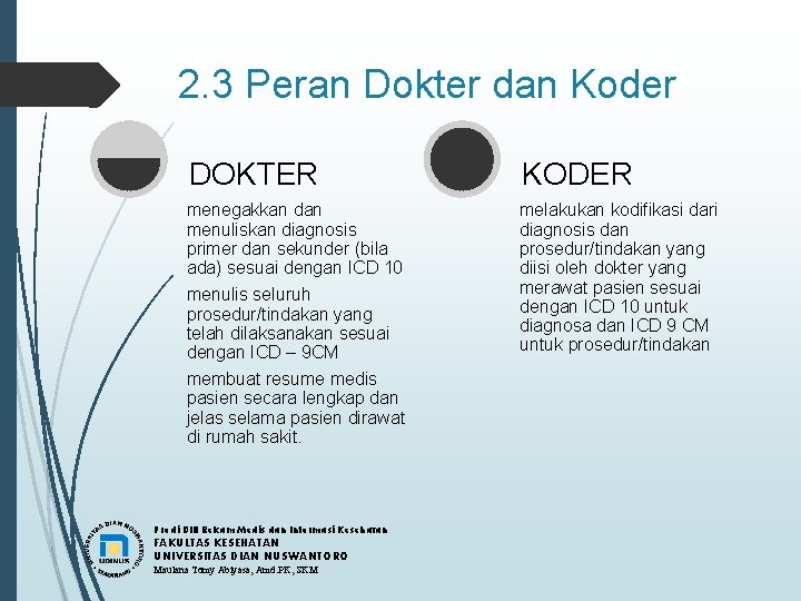 2. 3 Peran Dokter dan Koder DOKTER KODER menegakkan dan menuliskan diagnosis primer dan