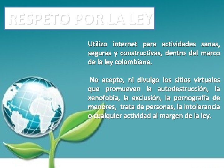 RESPETO POR LA LEY Utilizo internet para actividades sanas, seguras y constructivas, dentro del