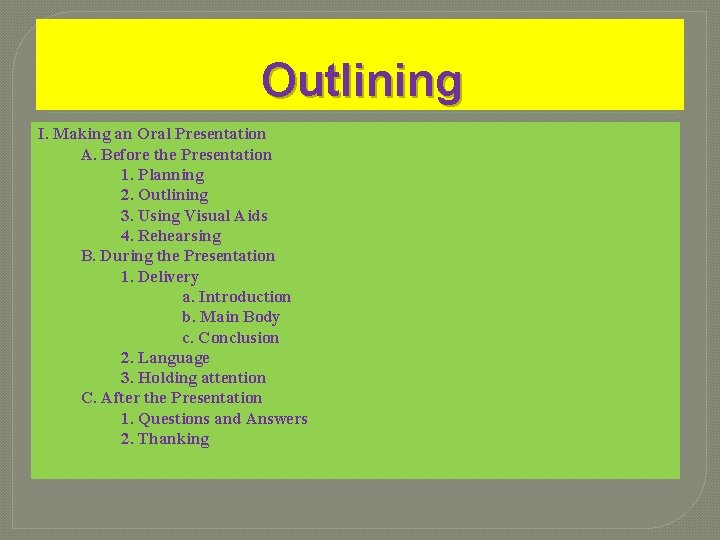 Outlining I. Making an Oral Presentation A. Before the Presentation 1. Planning 2. Outlining Outlining I. Making an Oral Presentation A. Before the Presentation 1. Planning 2. Outlining
