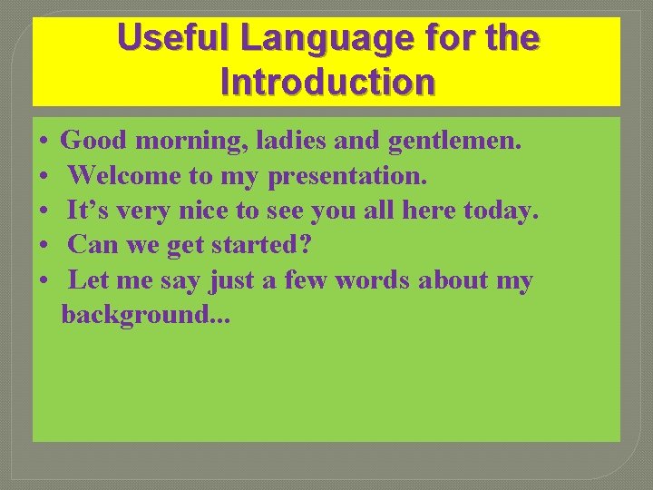 Useful Language for the Introduction • • • Good morning, ladies and gentlemen. Welcome Useful Language for the Introduction • • • Good morning, ladies and gentlemen. Welcome