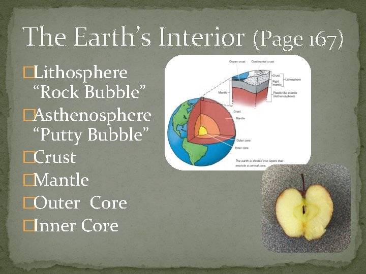 The Earth’s Interior (Page 167) �Lithosphere “Rock Bubble” �Asthenosphere “Putty Bubble” �Crust �Mantle �Outer The Earth’s Interior (Page 167) �Lithosphere “Rock Bubble” �Asthenosphere “Putty Bubble” �Crust �Mantle �Outer