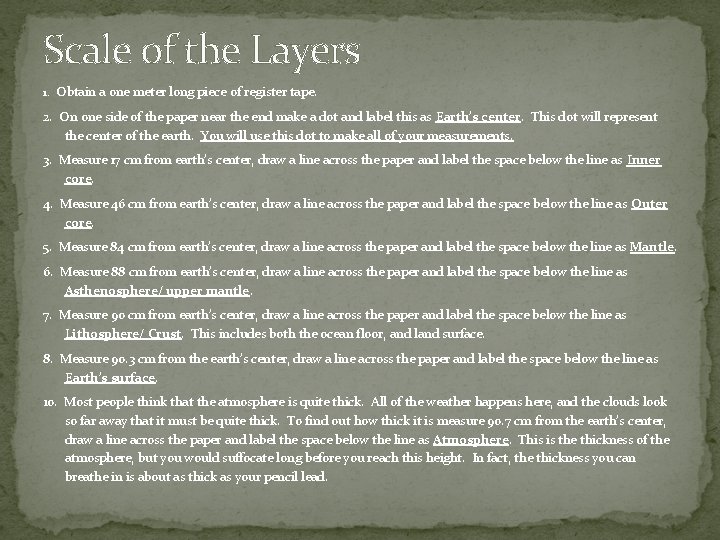 Scale of the Layers 1. Obtain a one meter long piece of register tape. Scale of the Layers 1. Obtain a one meter long piece of register tape.