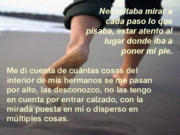Necesitaba mirar a cada paso lo que pisaba, estar atento al lugar donde iba Necesitaba mirar a cada paso lo que pisaba, estar atento al lugar donde iba