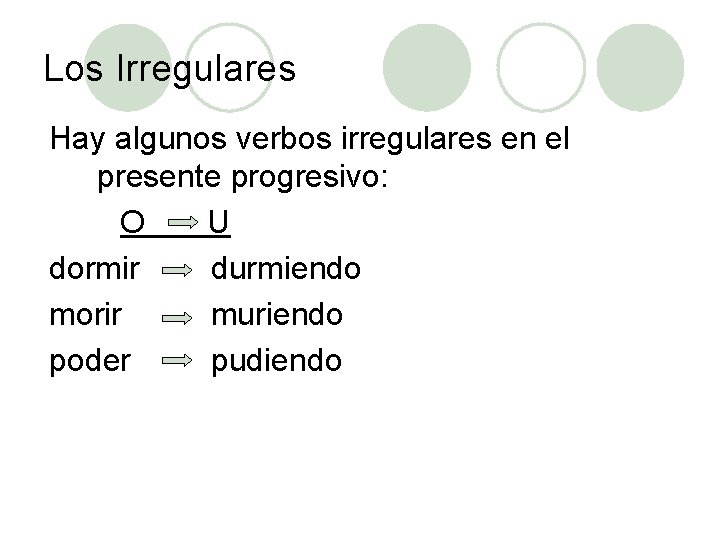 Los Irregulares Hay algunos verbos irregulares en el presente progresivo: O U dormir durmiendo
