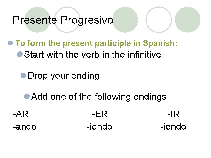 Presente Progresivo l To form the present participle in Spanish: l Start with the