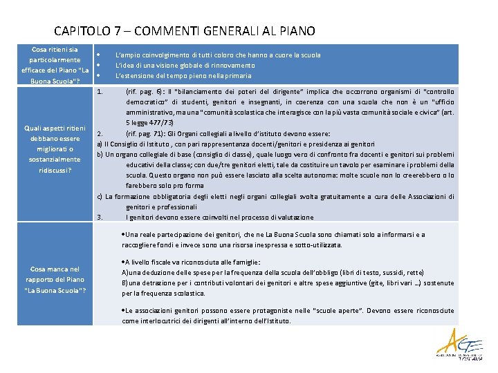 CAPITOLO 7 – COMMENTI GENERALI AL PIANO Cosa ritieni sia particolarmente efficace del Piano