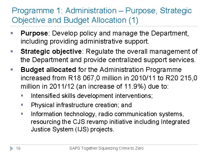 Programme 1: Administration – Purpose, Strategic Objective and Budget Allocation (1) § Purpose: Develop Programme 1: Administration – Purpose, Strategic Objective and Budget Allocation (1) § Purpose: Develop