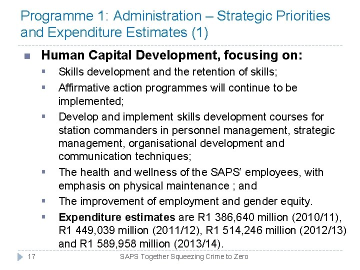Programme 1: Administration – Strategic Priorities and Expenditure Estimates (1) n Human Capital Development, Programme 1: Administration – Strategic Priorities and Expenditure Estimates (1) n Human Capital Development,
