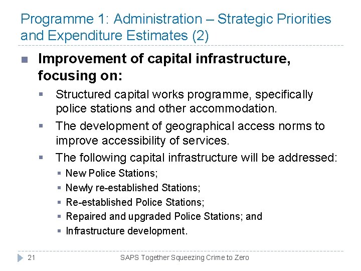 Programme 1: Administration – Strategic Priorities and Expenditure Estimates (2) n Improvement of capital Programme 1: Administration – Strategic Priorities and Expenditure Estimates (2) n Improvement of capital