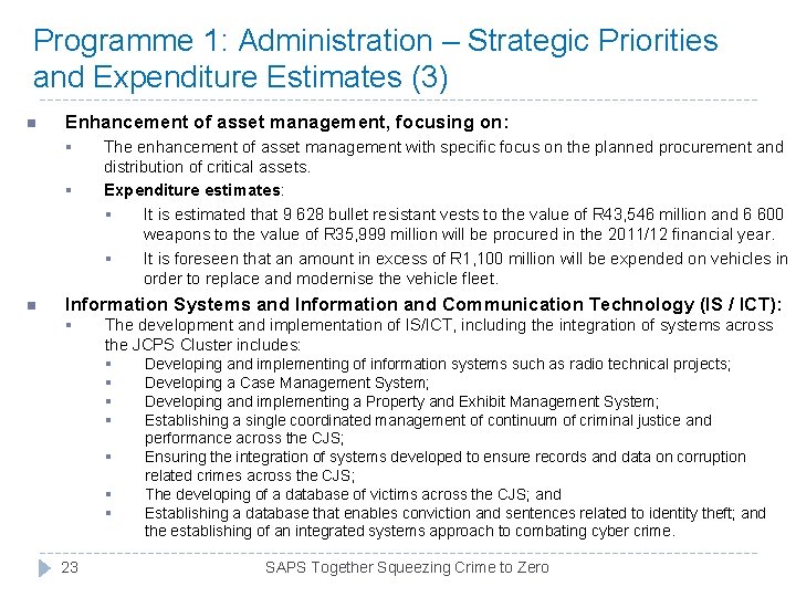 Programme 1: Administration – Strategic Priorities and Expenditure Estimates (3) n Enhancement of asset Programme 1: Administration – Strategic Priorities and Expenditure Estimates (3) n Enhancement of asset