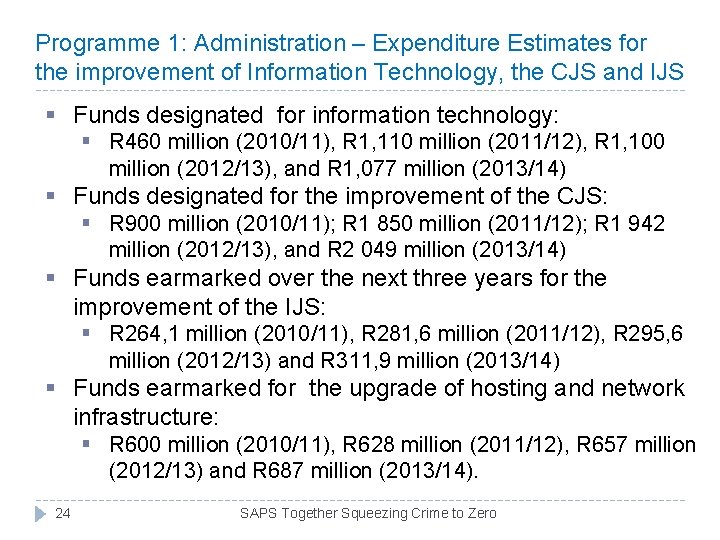Programme 1: Administration – Expenditure Estimates for the improvement of Information Technology, the CJS Programme 1: Administration – Expenditure Estimates for the improvement of Information Technology, the CJS
