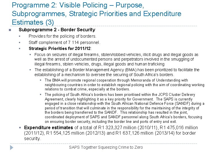 Programme 2: Visible Policing – Purpose, Subprogrammes, Strategic Priorities and Expenditure Estimates (3) n Programme 2: Visible Policing – Purpose, Subprogrammes, Strategic Priorities and Expenditure Estimates (3) n