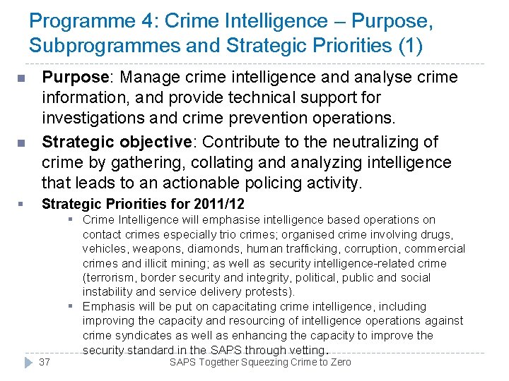 Programme 4: Crime Intelligence – Purpose, Subprogrammes and Strategic Priorities (1) n n § Programme 4: Crime Intelligence – Purpose, Subprogrammes and Strategic Priorities (1) n n §