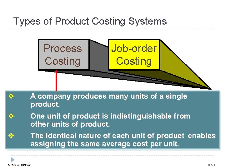 Types of Product Costing Systems Process Costing Job-order Costing v A company produces many