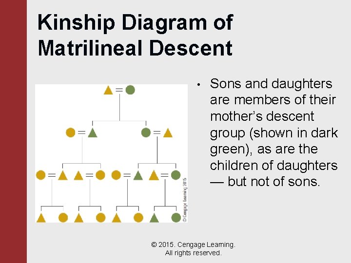 Kinship Diagram of Matrilineal Descent • Sons and daughters are members of their mother’s