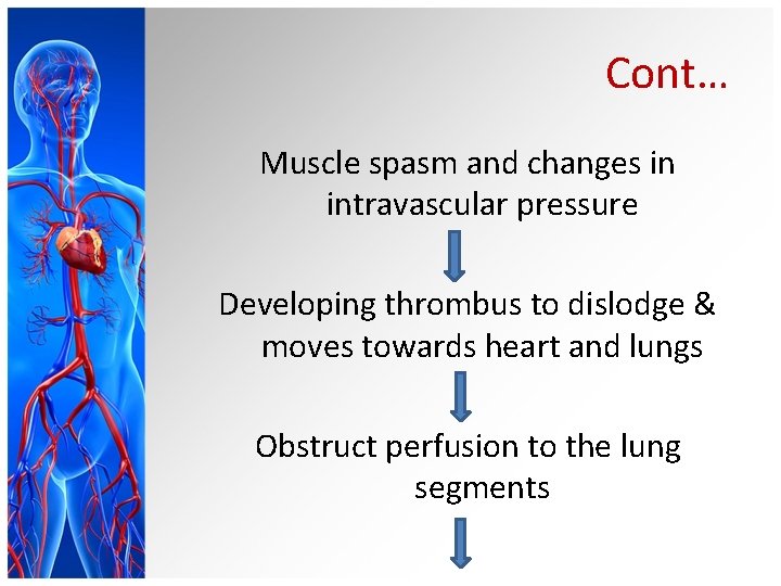 Cont… Muscle spasm and changes in intravascular pressure Developing thrombus to dislodge & moves