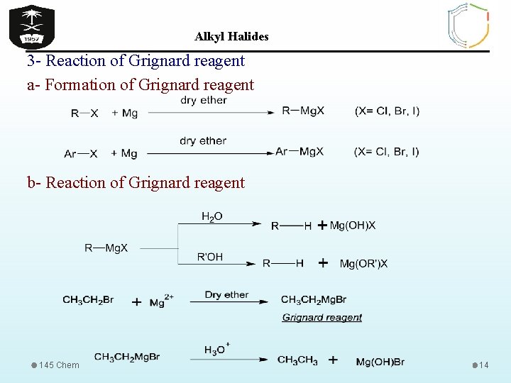 Alkyl Halides 3 - Reaction of Grignard reagent a- Formation of Grignard reagent b-