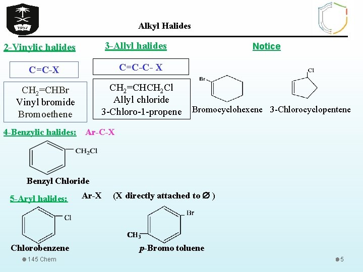 Alkyl Halides 3 -Allyl halides 2 -Vinylic halides C=C-X C=C-C- X CH 2=CHBr Vinyl