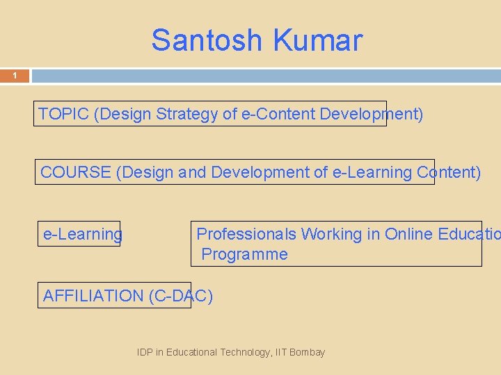 Santosh Kumar 1 TOPIC (Design Strategy of e-Content Development) COURSE (Design and Development of