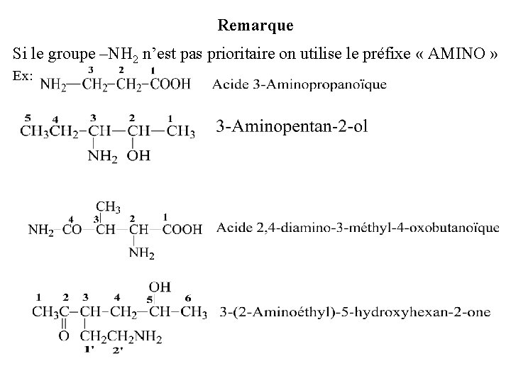 Remarque Si le groupe –NH 2 n’est pas prioritaire on utilise le préfixe «