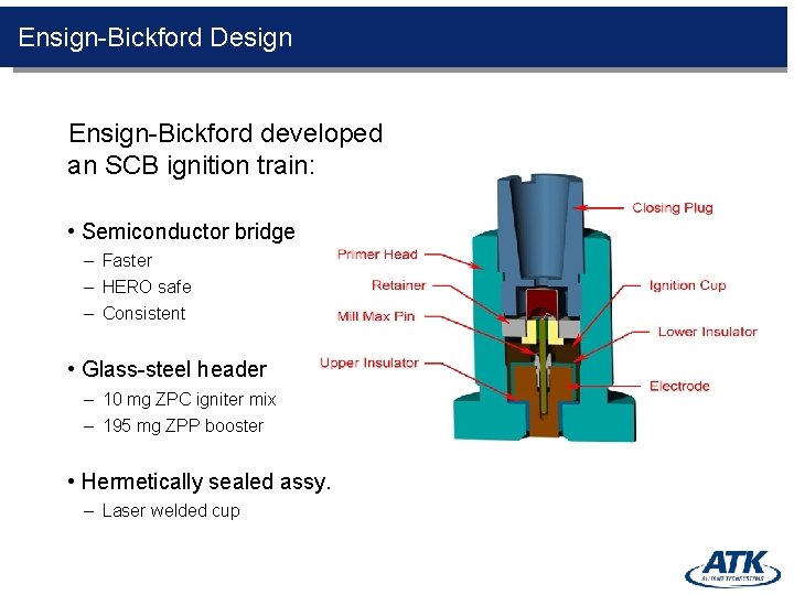 Ensign-Bickford Design Ensign-Bickford developed an SCB ignition train: • Semiconductor bridge – Faster –
