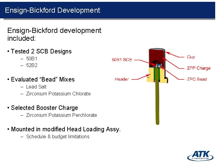 Ensign-Bickford Development Ensign-Bickford development included: • Tested 2 SCB Designs – 50 B 1