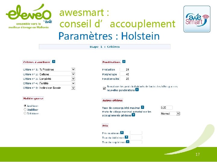 awesmart : conseil d’accouplement Paramètres : Holstein 17 
