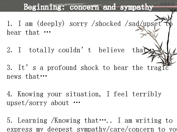 Beginning: concern and sympathy 1. I am (deeply) sorry /shocked /sad/upset to hear that
