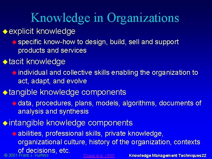 Knowledge in Organizations u explicit knowledge u specific know-how to design, build, sell and