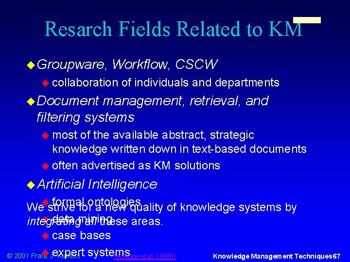 Resarch Fields Related to KM u Groupware, Workflow, CSCW u collaboration of individuals and