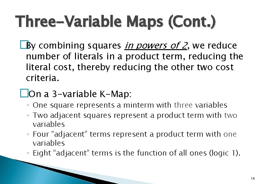 Three-Variable Maps (Cont. ) �By combining squares in powers of 2, we reduce number
