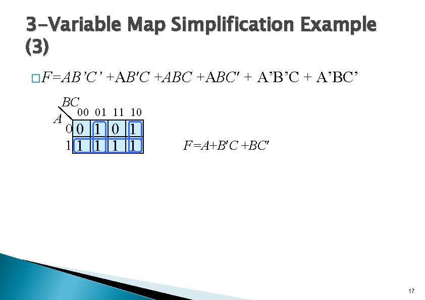 3 -Variable Map Simplification Example (3) � F=AB’C’ +AB C +ABC + A’B’C +