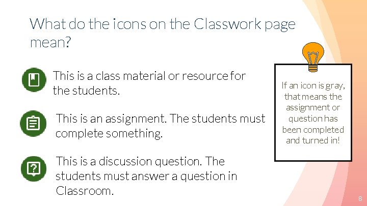 What do the icons on the Classwork page mean? This is a class material