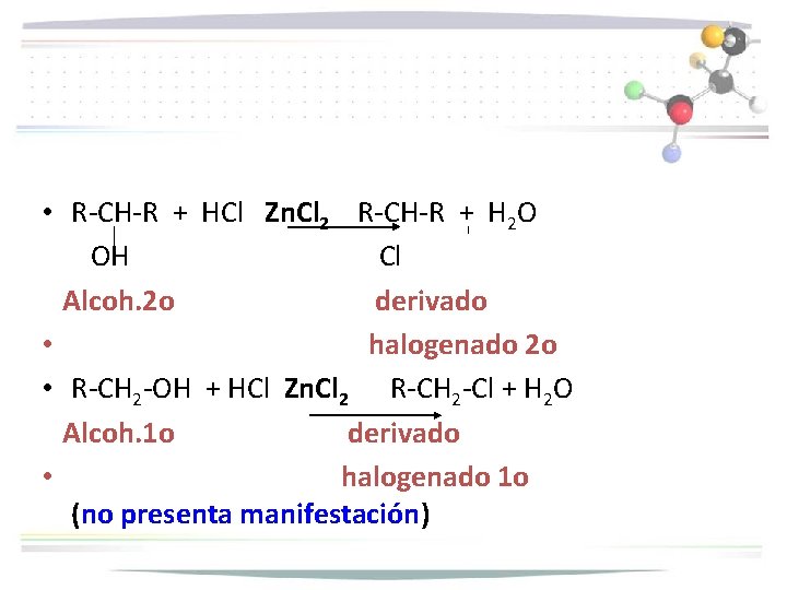  • R-CH-R + HCl Zn. Cl 2 R-CH-R + H 2 O OH