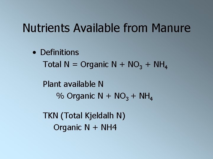 Nutrients Available from Manure • Definitions Total N = Organic N + NO 3