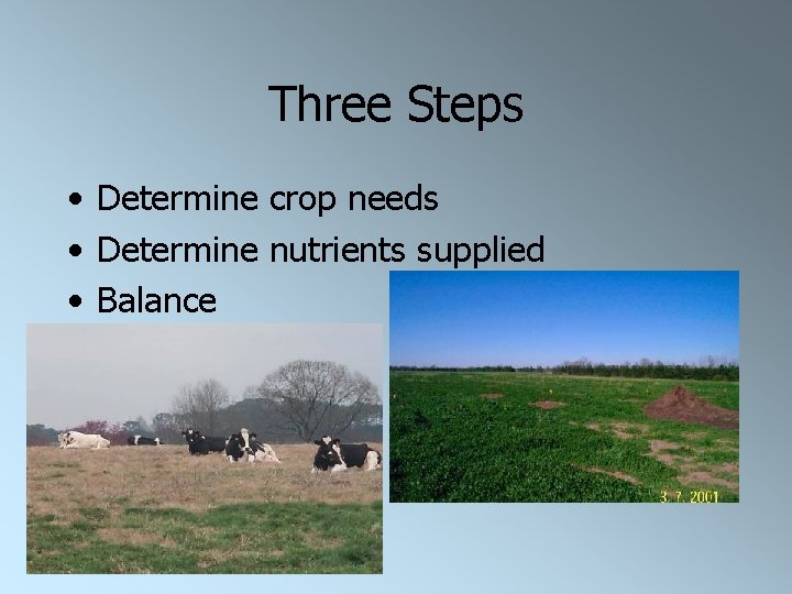 Three Steps • Determine crop needs • Determine nutrients supplied • Balance 