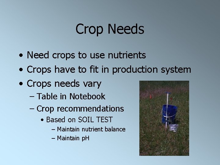 Crop Needs • Need crops to use nutrients • Crops have to fit in