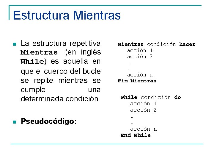 Estructura Mientras La estructura repetitiva Mientras (en inglés While) es aquella en que el