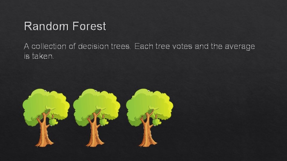 Random Forest A collection of decision trees. Each tree votes and the average is