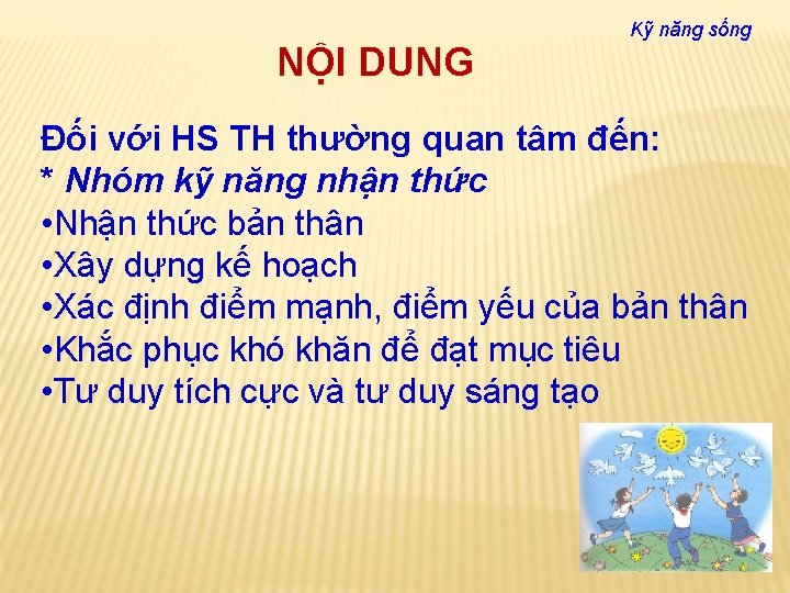 NỘI DUNG Kỹ năng sống Đối với HS TH thường quan tâm đến: *